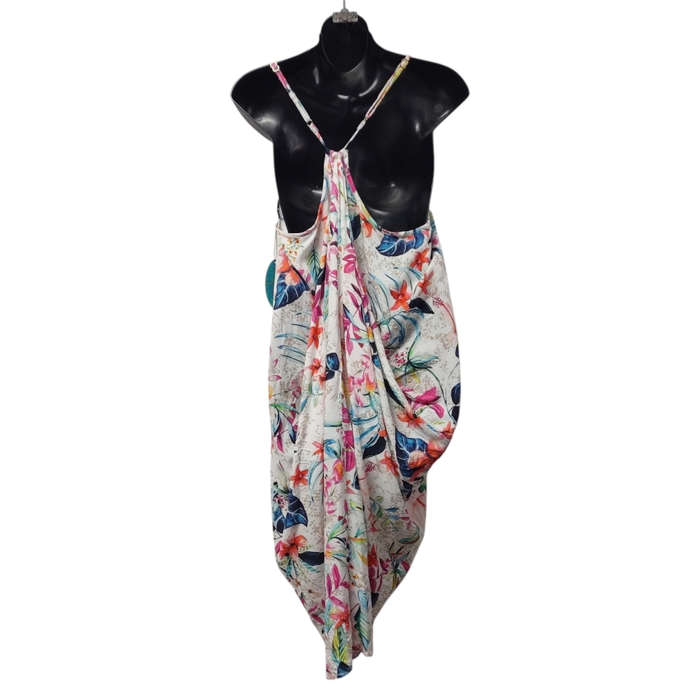 Mynah Floral Halter Asymmetrical Hem Dress Viscose Tropical Faux Wrap Sz M NWT - Picture 2 of 8